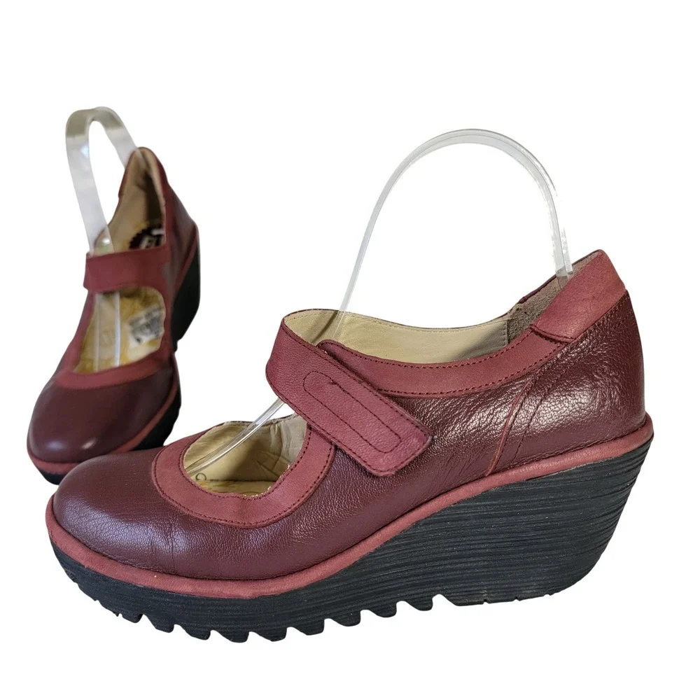 Fly London Womens Burgundy Leather Mary Jane Wedge Platform Shoes Sz 8 39 RARE